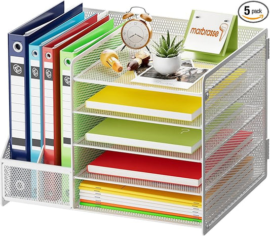 Marbrasse Desk Organizer with File Holder, 5-Tier Paper Letter Tray, Mesh Desk Organizers and Accessories with Magazine Holder, Desktop Organizer and Storage for Office Supplies (White)-DeskLoop Office