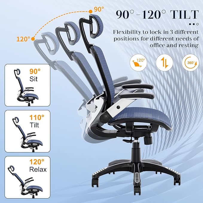 GABRYLLY Ergonomic Office Chair, High Back Mesh Desk Chair with Adjustable Headrest, Flip-Up Arms, 90-120° Tilt Lock, Lumbar Support and Comfy Seat, Swivel Computer Task Chair, Blue-DeskLoop Office