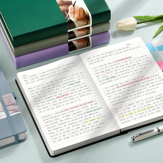 EMSHOI A5 College Ruled Notebook Journal- 400 Pages (200 sheets), 7mm Spacing & Vegan Leather Cover for Work, School, Bible Study, Bullet Journaling- with Sticky Notes, Pocket & Pen Holder- Dark Green-DeskLoop Office