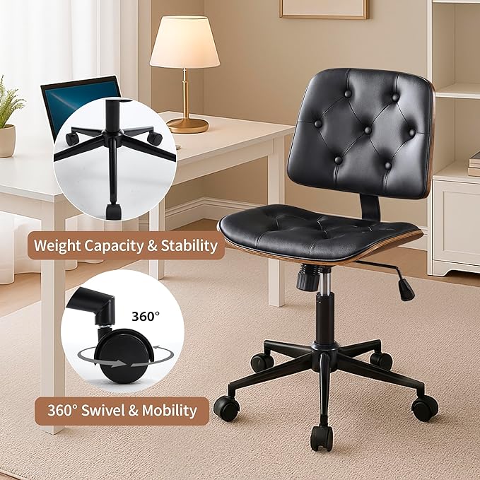 Small Home Office Chair – Armless Mid-Back Desk Chair with PU Leather, Adjustable Height, Swivel Wheels, Modern Walnut Legs for Small Spaces, Black-DeskLoop Office