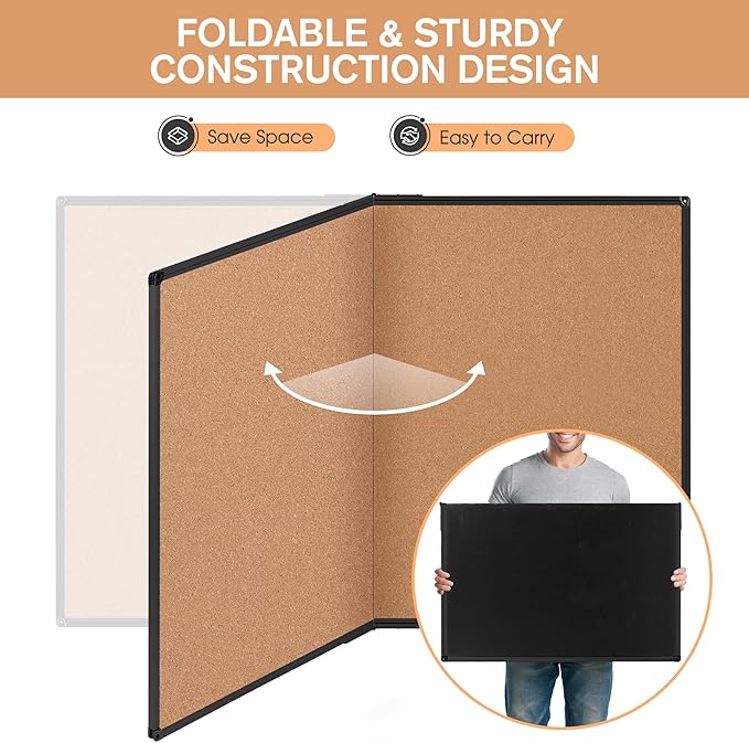 Board2by Extra Large Cork Bulletin Board 60" X 36", Foldable Notice Pin Board for Wall, Black Aluminum Framed 5'x3' Corkboard, Wall Mounted Noticeboard with 36 Push Pins for School, Home & Office-DeskLoop Office