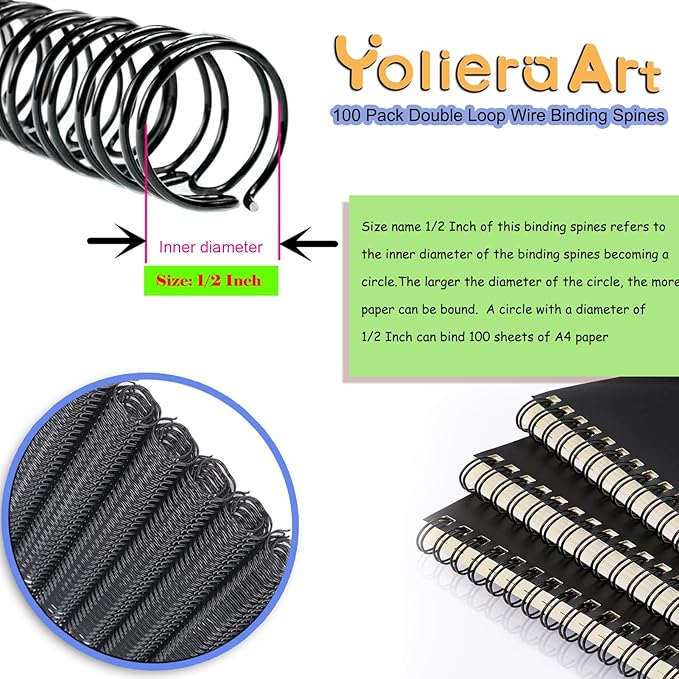 1/2 Inch Wire Cinch Book Binding Black 3:1 Pitch, 100 Pack Double Loop Metal Spiral for Bindings Fit for School Office Notebook Maker, YolieraArt Office Products Binding Combs 100 Sheet Capacity-DeskLoop Office