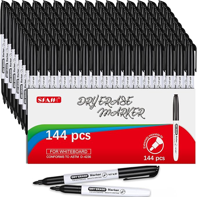SFAIH Fine Tip Dry Erase Markers - 144 Pack Black Whiteboard Erasable Markers Bulk for Kids Adults, Ideal for Classroom School Office Home Use on White Board, Non-Toxic Easy Clean-DeskLoop Office