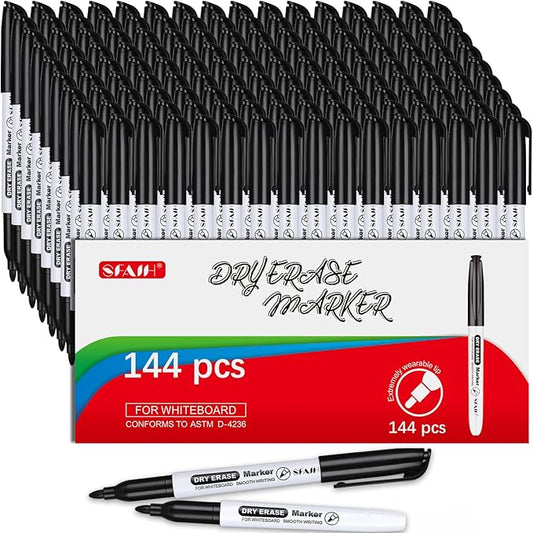 SFAIH Fine Tip Dry Erase Markers - 144 Pack Black Whiteboard Erasable Markers Bulk for Kids Adults, Ideal for Classroom School Office Home Use on White Board, Non-Toxic Easy Clean-DeskLoop Office