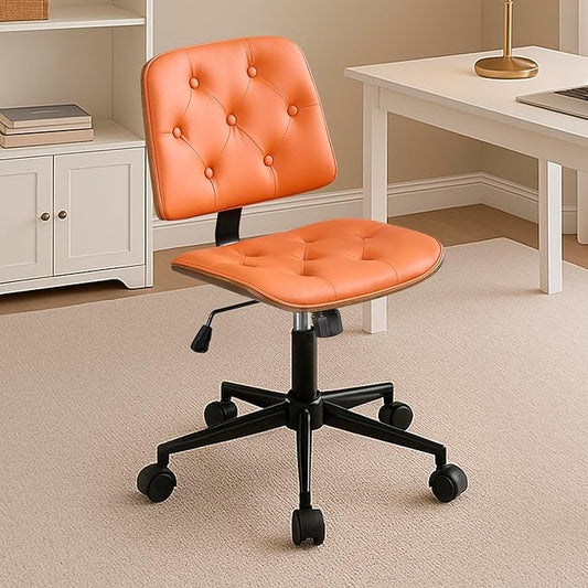 Small Armless Desk Chair – PU Leather Mid-Back Ergonomic Office Chair with Adjustable Height, Swivel Wheels, Walnut Frame, Ideal for Small Office, Study, or Bedroom, Orange-DeskLoop Office