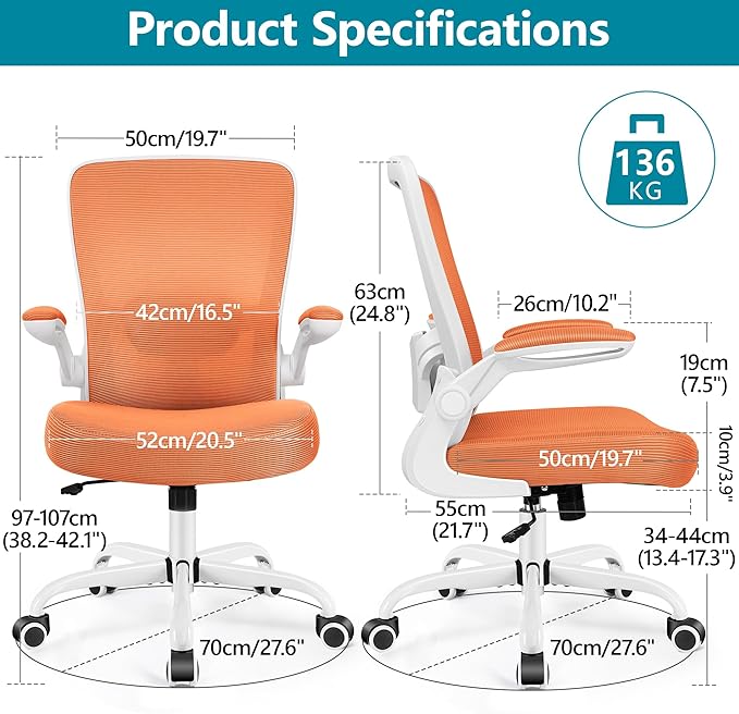 FelixKing Office Chair, Ergonomic Desk Chair Breathable Mesh Chairs with Adjustable High Back Lumbar Support Flip-up Armrests, Executive Swivel Comfy Task Computer Chairs for Home Office Sunset Orange-DeskLoop Office