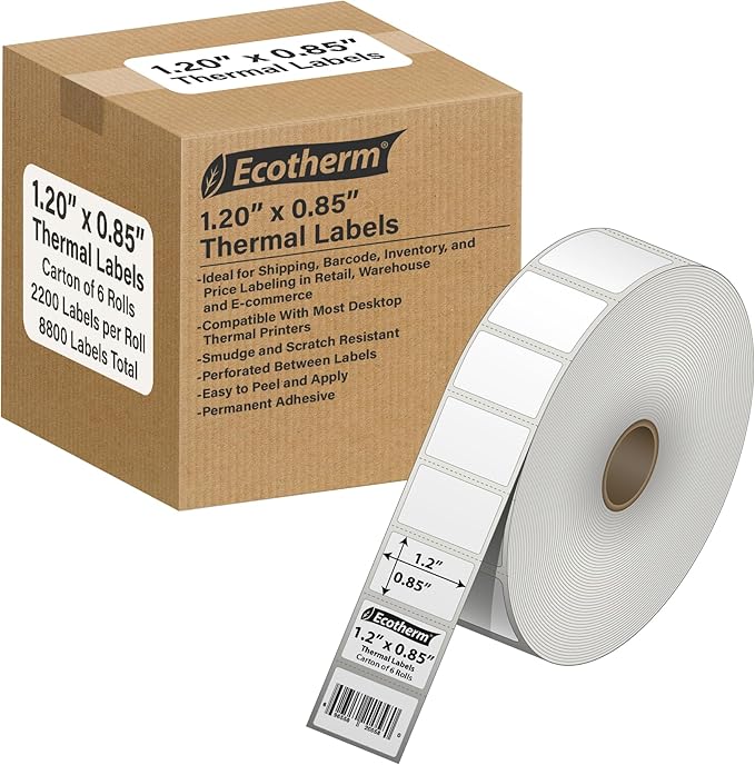 1.2" x .85" Thermal Labels | 6 Rolls | 16260 Labels | fits Zebra, Godex, Arkscan, iDPRT, Offnova Thermal Label Printers and More | Blank White Adhesive Stickers by Ecotherm-DeskLoop Office