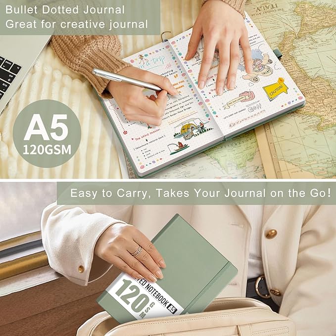 AHGXG Bullet Dotted Journal - Dot Grid Notebook Journal, 120 GSM Thick Acid-Free Paper, A5 Dotted Notebook 160 Pages, Leather Hardcover, Inner Pocket, Journal Stencil, 5.7'' × 8.3'' - Sage Green-DeskLoop Office