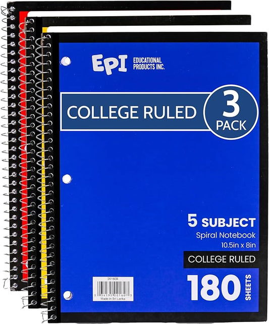 EPI Spiral Notebook | 5 Subject - College Ruled - 180 Sheets, Durable Spiral Binding | 10.5 x 8 in | Classroom Supplies | School, Office, Note Taking, Journaling - 3 Pack-DeskLoop Office