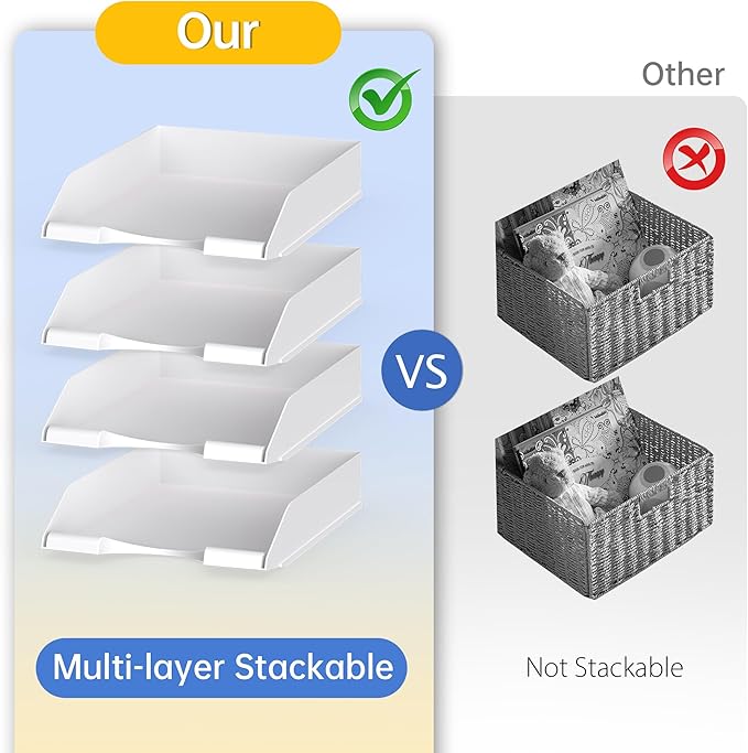 4 Pack Stackable Paper Trays for Letter Documents, Desktop File Organizers for Office Supplies, Stackable Desk Tray Holder for Paper Storage, White-DeskLoop Office