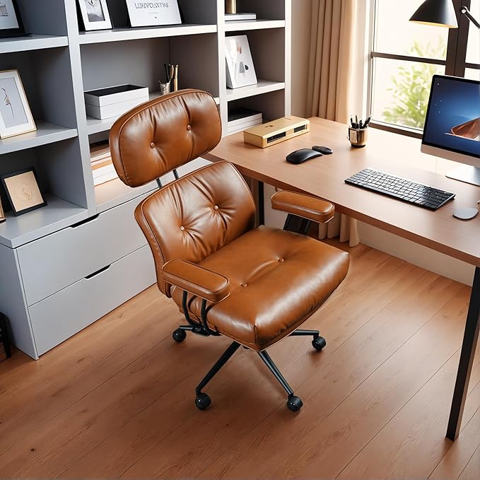 Faux Leather Executive Office Chair - Big and Tall Ergonomic Home Office Chair,Reclining Computer Desk Chair with Lumbar Support,Adjustable Task Chair Swivel Rolling PC Chair with Wheels,Browm,PU-DeskLoop Office