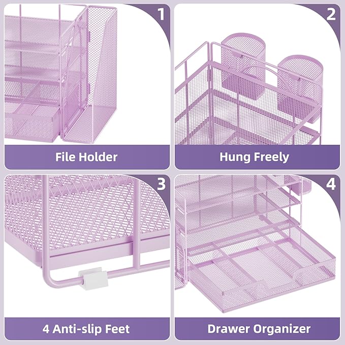 Marbrasse Desk Organizer and Accessories,4-Tier Paper Letter Tray Organizer with File Holder, Workspace Desk Organizers Accessories with Drawer and 2 Pen Holder (Purple, 15.4" x 9.1" x 8.3")
