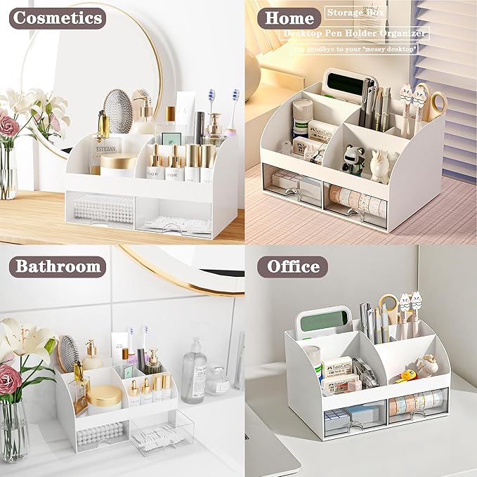 Desk Accessories with Pen Holder, Office Supplies Desk Organizers and Accessories, Tape Dispenser, Stapler, Staple Remover, Staples, Clips Set, Ruler, Scissor, Pen, Tape (White)-DeskLoop Office