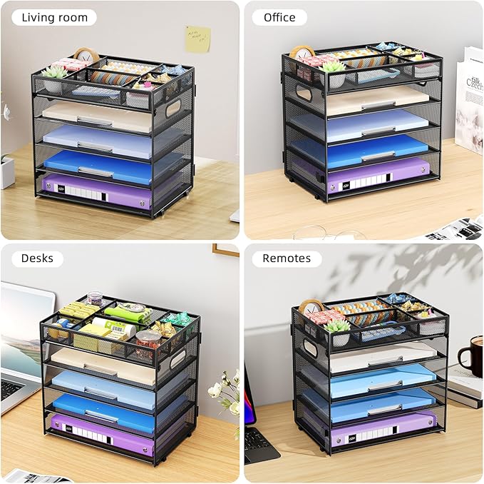 Marbrasse 5-Tier Letter Tray Paper Organizer with Handle, Multi-Functional Mesh File Organizer for Desk, Adjustable Compartments Mesh Desktop Storage for Office Supplies,Black-DeskLoop Office