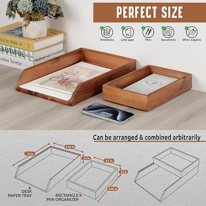Demigo Desk Organizer Letter Tray Set of 2, Acacia Wood Tabletop Desktop for Storage Paper Letter Folders Notebooks Copy Print, Workspace Holder, Keep Stationery Saver (Brown)-DeskLoop Office