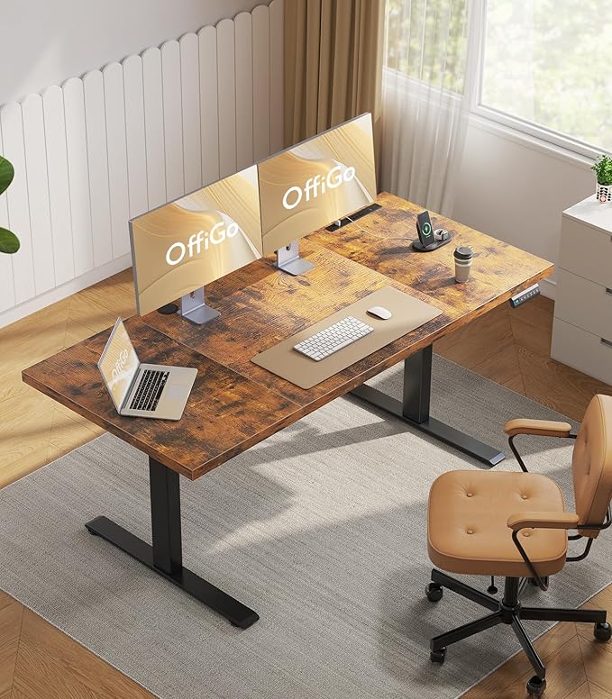 OffiGo Electric Standing Desk with 3-Piece Board, 71 Inch Height Adjustable Large Desk with Power Outlets, Sit Stand Table, Writing Computer Desk for Home, Office, Workstation, Rustic Brown-DeskLoop Office