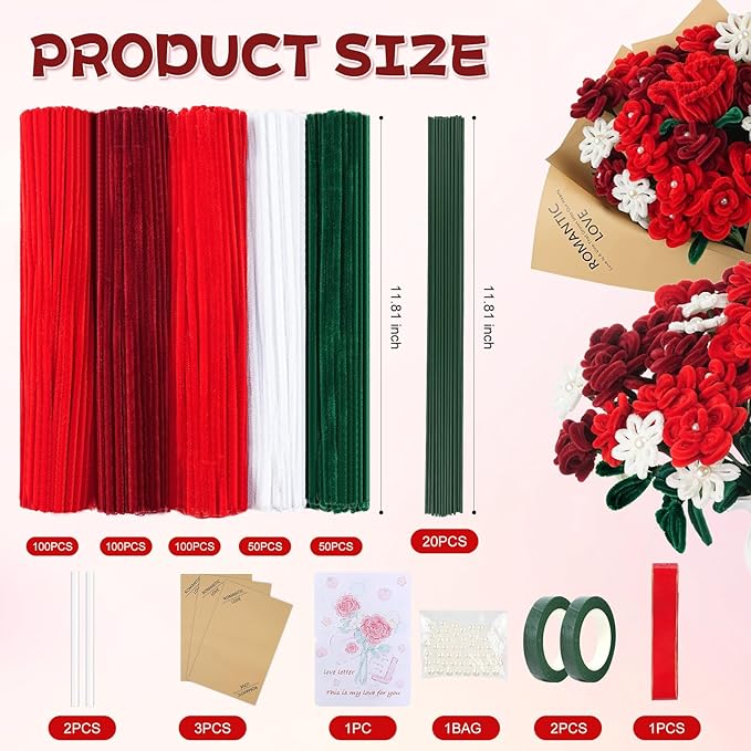 400 Pcs Red Pipe Cleaners for Crafts, 4 Colors Chenille Stems Bulk with Floral Wires, Gardening Tape,Hot Glue Stick,Greeting Card,Bouquet Paper, Pearl & Ribbon, Flowers Craft kit for Christmas-DeskLoop Office