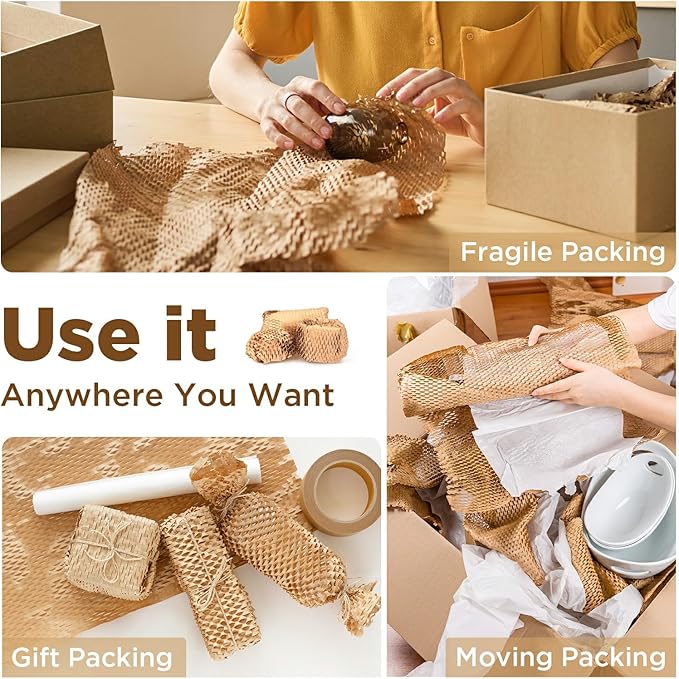 Honeycomb Packing Paper, 12"x50' Brown | Perforated Honeycomb Packing Paper Recyclable Moving Supplies for Shipping & Moving | Plastic-Free Alternative to Bubble Cushion Wrap with 36 Fragile Stickers-DeskLoop Office