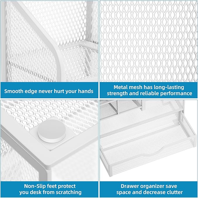 Marbrasse Mesh Pen Holder for Desk, Multi-Functional Pencil Organizer with Drawer, Desk Organizers and Accessories for Office Art Supplies (White)-DeskLoop Office