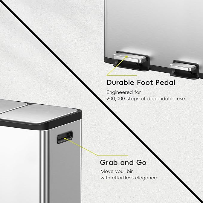 EKO EcoCasa Stainless Steel Dual Step Trash Can for Recycling, 30L+20L Rectangular Kitchen Trash Can, Independent Pedals and Lids, Soft Close and Fingerprint Resistant-DeskLoop Office