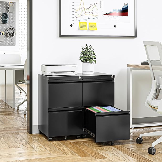 Mobile File Cabinet with Lock - 2 Drawer, Small Rolling Cabinet for Home Office, Legal/Letter/A4 (Black)-DeskLoop Office