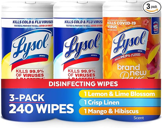 Lysol Disinfectant Wipes Bundle, Multi-Surface Cleaning Wipes, For Disinfecting & Cleaning, contains Lemon & Lime Blossom, Crisp Linen, & Mango & Hibiscus, 3x80 ct, (240 ct Total)-DeskLoop Office