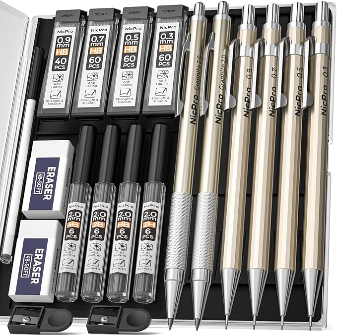 Nicpro 6PCS Metal Mechanical Pencil Set, Full Copper Drafting Pencil 0.3, 0.5, 0.7, 0.9 mm & 2PCS 2mm Graphite Lead Holder(4B 2B HB 2H) For Art Sketching Drawing With Lead Refills Eraser Case