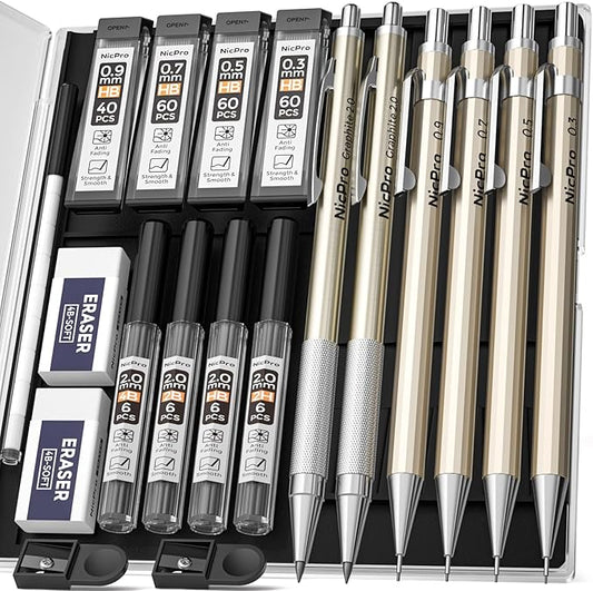 Nicpro 6PCS Metal Mechanical Pencil Set, Full Copper Drafting Pencil 0.3, 0.5, 0.7, 0.9 mm & 2PCS 2mm Graphite Lead Holder(4B 2B HB 2H) For Art Sketching Drawing With Lead Refills Eraser Case-DeskLoop Office