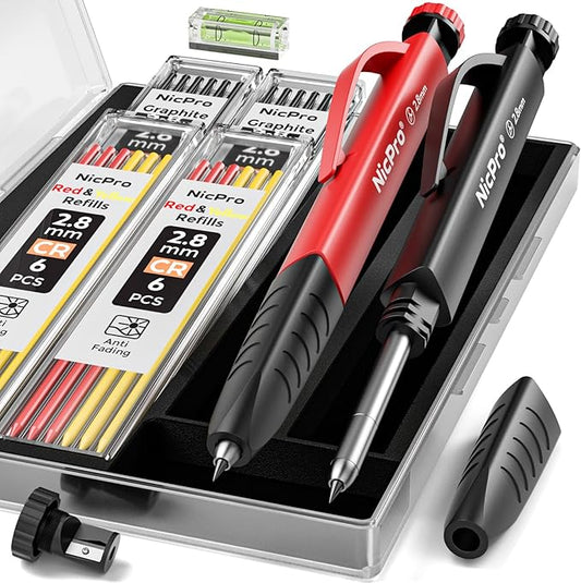 Nicpro 2 Pack Carpenter Pencil Set with Sharpener & Finger Grip, Mechanical Woodworking Pencils with 26 Refills (Red, Black, Yellow), Deep Hole Marker Heavy Duty Construction Pencils - With Case-DeskLoop Office