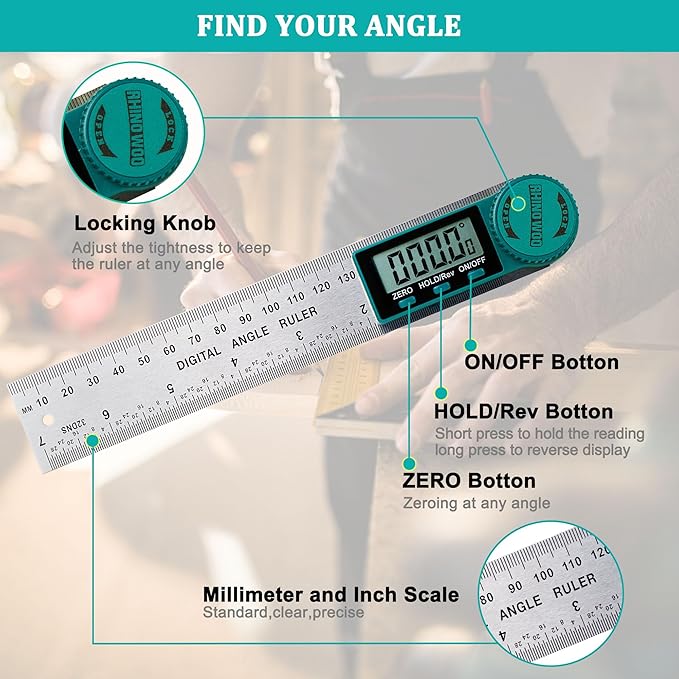 Digital Angle Finder Protractor, Angle Finder Ruler with 7inch/200mm, Angle Measuring Tool for Woodworking/Carpenter/Construction/DIY Measurement(2 Batteries Included) (Stainless Steel)-DeskLoop Office