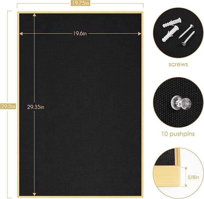 Bulletin Board 30 x 20 inches, Black Pin Board, Golden Aluminum Framed Fabric Cork Board with 10 Push Pins-DeskLoop Office