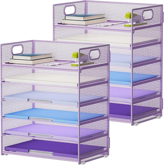 Marbrasse 2 Pack Desk Organizer with Handle, 6 Tier Paper Letter Tray, Mesh Desk File Organizer for Office, School and Home - Purple-DeskLoop Office