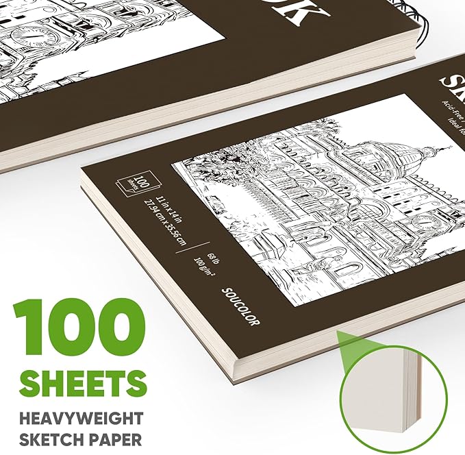 Soucolor 11" x 14" Large Sketchbook, 100 Sheets 68lb/100gsm Top Spiral Bound Large Sketch Pad, Acid Free Big Sketch Paper for Drawing, Illustration, Art Class Students-DeskLoop Office