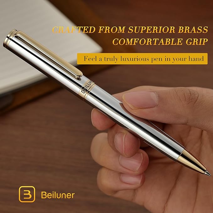 BEILUNER Silver Gold Gel Pen - Luxury Featuring sophisticated chrome finishes, with 24K Gold Accents, Best Pen Gift Set for Men & Women, Business Signature, Executive, Office Retractable Pens-DeskLoop Office