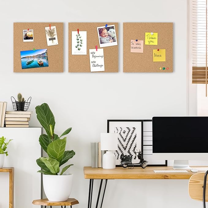 AKTOP Cork Board Bulletin Board 12x12, 1/2" Thick Cork Board Tiles 12 Pack, Small Square Pin Board for Wall, Self Adhesive Corkboards with 120 Push Pin Wood Clips for School, Home & Office-DeskLoop Office