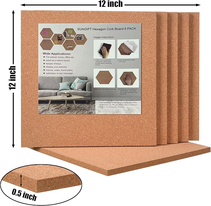 SUNGIFT Cork Board 12"x12" - 1/2" Thick Square Bulletin Boards 6 Pack Cork Tiles with 50 Push Pins Mini Wall Self-Adhesive Corkboards Tiles for Wall-DeskLoop Office