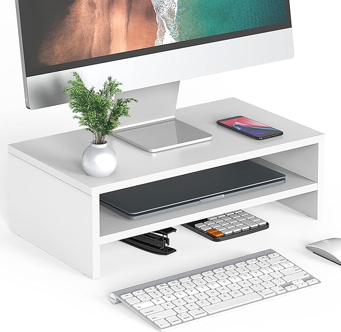 FITUEYES Monitor Stand - 2 Tier Computer Monitor Riser Shelf, Wood Desktop Stand for Laptop Computer Screen, Desk Organization, Office Supplies-DeskLoop Office