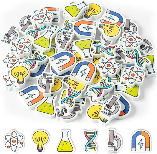 ANGOLIO Science Mini Eraser - 60P Summer Back to School for Kids Bulk Novelty Including microscopes U Shaped Magnets Lamp Bulb Pattern Pencil Eraser for Student Homework Summer Reward Classroom Prizes-DeskLoop Office