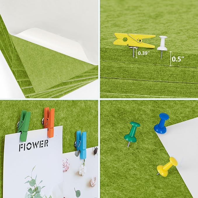 AKTOP Cork Bulletin Board 12x12, 1/2" Thick Felt Cork Board Tiles 6 Pack, Small Square Pin Board for Wall, Self Adhesive Corkboards with 60 Push Pin Wood Clips for School, Home & Office, Green-DeskLoop Office