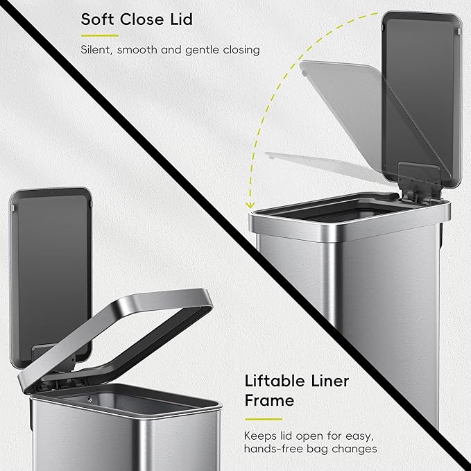 EKO Hudson Slim 50L / 13.2 Gallon Kitchen Trash Can with Lid, Stainless Steel Step Garbage Can for Kitchen or Home, Space-Saving Garbage Can with Soft Close Lid, Stay-Open, Liner Ring, Handle-DeskLoop Office