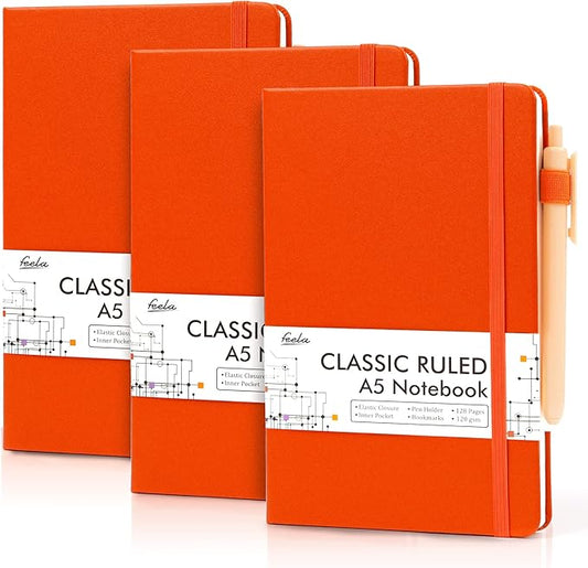 feela 3 Pack Notebooks Journals Bulk with 3 Black Pens, A5 Hardcover Notebook Classic Ruled Lined Journal Set with Pen Holder for Work Business Journaling Note Taking, 120 GSM, 5.1”x8.3”, Orange-DeskLoop Office