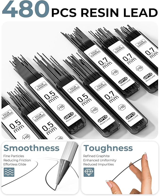 Four Candies 8PCS Metal Mechanical Pencils - 0.5 & 0.7mm with 8 Tubes HB #2 Lead Refills, Eraser Set and Eraser Refills, 20-Count Pack with Case, Lead Pencils Mechanical for Writing, Drawing, Drafting-DeskLoop Office