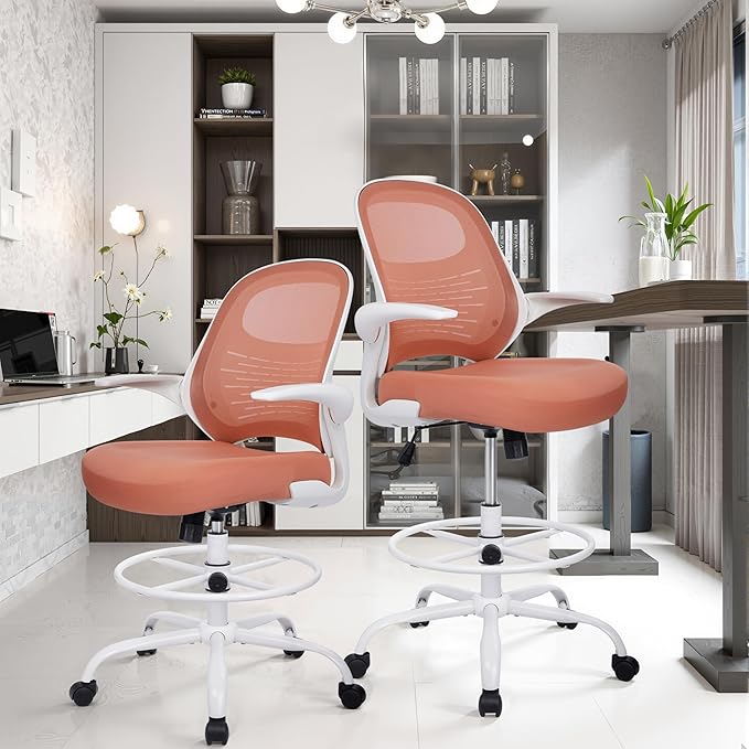 HYLONE Tall Drafting Chair Standing Desk Chair with Flip-Up Armrests, Adjustable Height Ergonomic Office Chair with Footrest Ring - High Stool Chair for Standing Desk (Pink)-DeskLoop Office