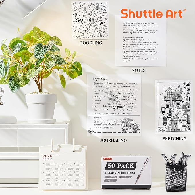 Shuttle Art Black Gel Pens, 50 Pack Fine Point Black Ink Pens Bulk, 0.5mm Rollerball Gel Ink Pens Smooth Writing with Comfortable Grip for Office, School and Home-DeskLoop Office