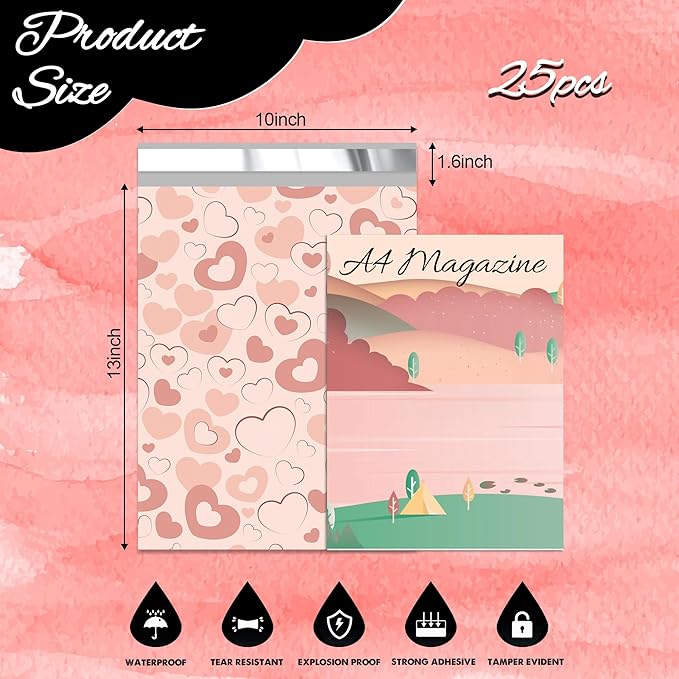 Pink Heart Poly Mailer 10x13 Inch 25 Pcs, Waterproof Shipping Bags for Clothing, Tear-Resistant Mailier Bags, Strong Mailing Bags with Self-Seal-DeskLoop Office