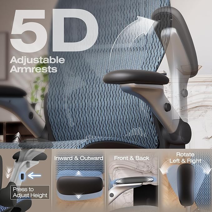 ELABEST X100 Ergonomic Office Chair with Footrest, Big and Tall Home Desk Chair with 5D Flip-Up Arms, Adjustable 8D Lumbar Support,High Back Rolling Computer Chair, Swivel Mesh Chairs (Oaxaca Blue)-DeskLoop Office