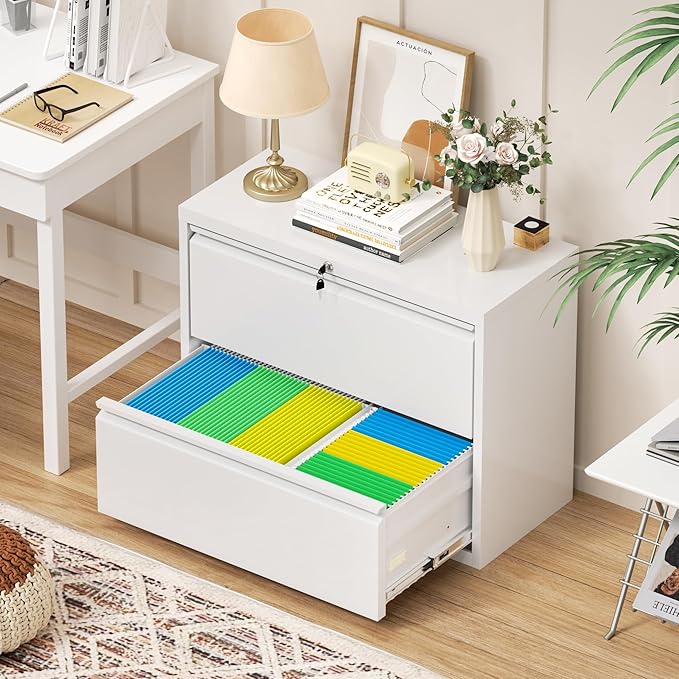 Crownland Lateral File Cabinet with 2 Drawers, 28" W Metal Lockable Office File Cabinets for Home Office- Stores Letter/Legal/A4/F4 Files(White)