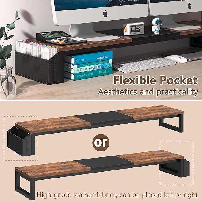 LAND·VOI Dual Monitor Stand Riser,41.5'' Long Monitor Stand for 2 Monitors, Wood Computer Riser with Pocket, Desktop Oraganizer with Pen Holder, Monitor Riser for Desk Computer,Laptop,TV, Rustic Brown-DeskLoop Office