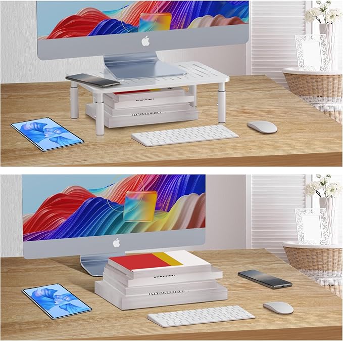 Bracwiser Monitor Stand Riser, Metal Computer Stand, 3 Height Adjustable Screen Riser with Mesh Platform for PS4, Laptop, Printer, Notebook and All Flat Screen, Holds Up to 20KG,White-DeskLoop Office