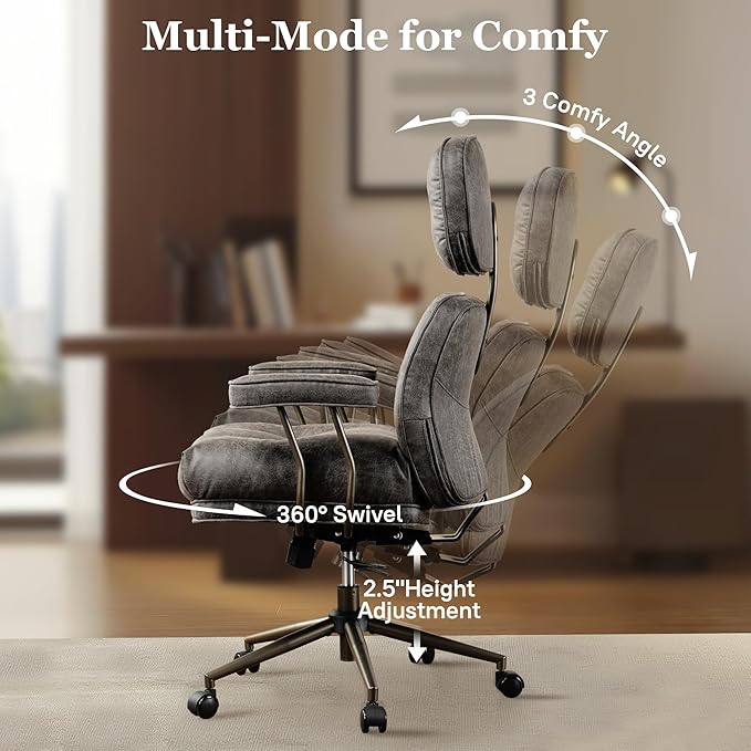 Mid Century Modren Big and Tall Office Chair,Large Ergonomic Executive Chair for Heavy Duty People, Computer Desk Task Chair with Wheels, Faux Lether Fabric Wide Chair for Home Sturdy,Grey-DeskLoop Office